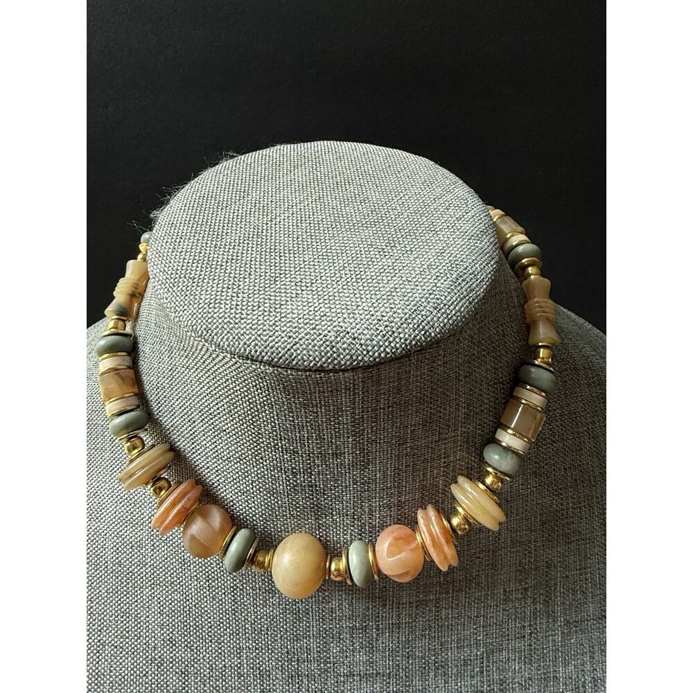 Vintage Acrylic Beaded Choker Necklace Gold Tone Career Layered Art To Wear